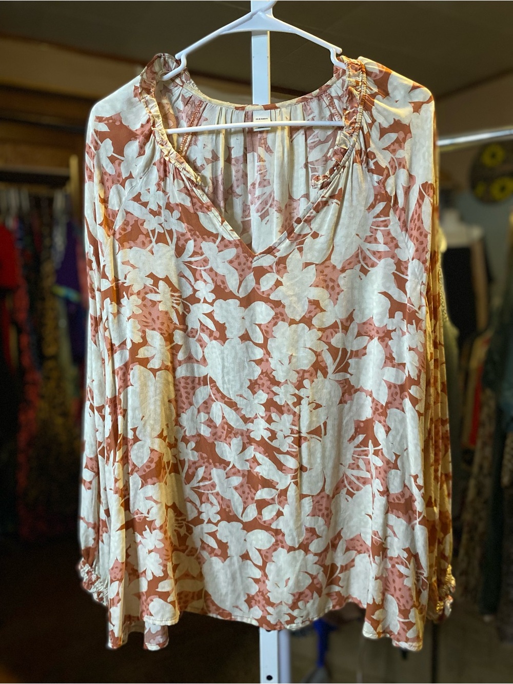 Old Navy Cream and Rust Floral V-Neck Blouse